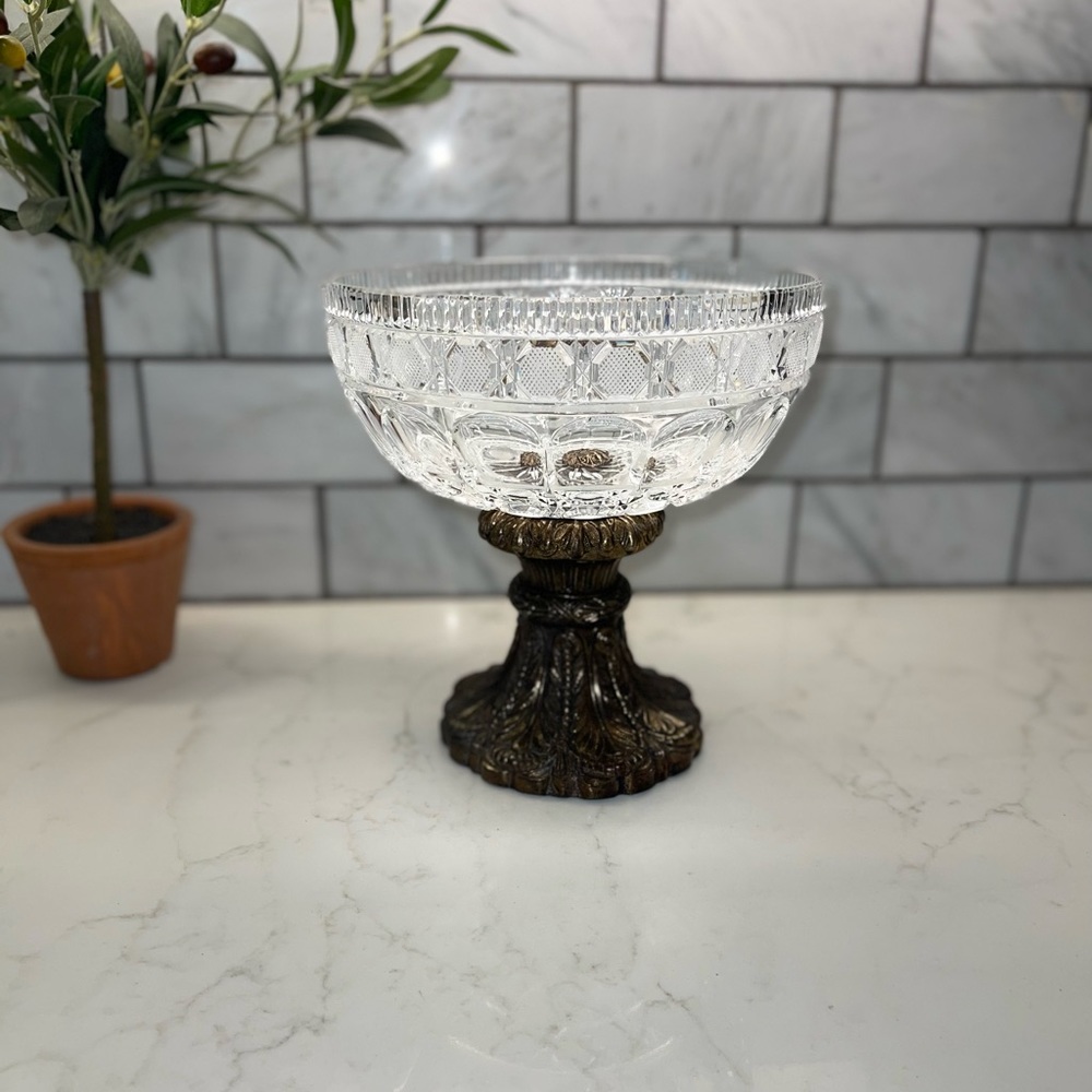Vintage Hollywood Regency Crystal Glass and Brass Base Footed